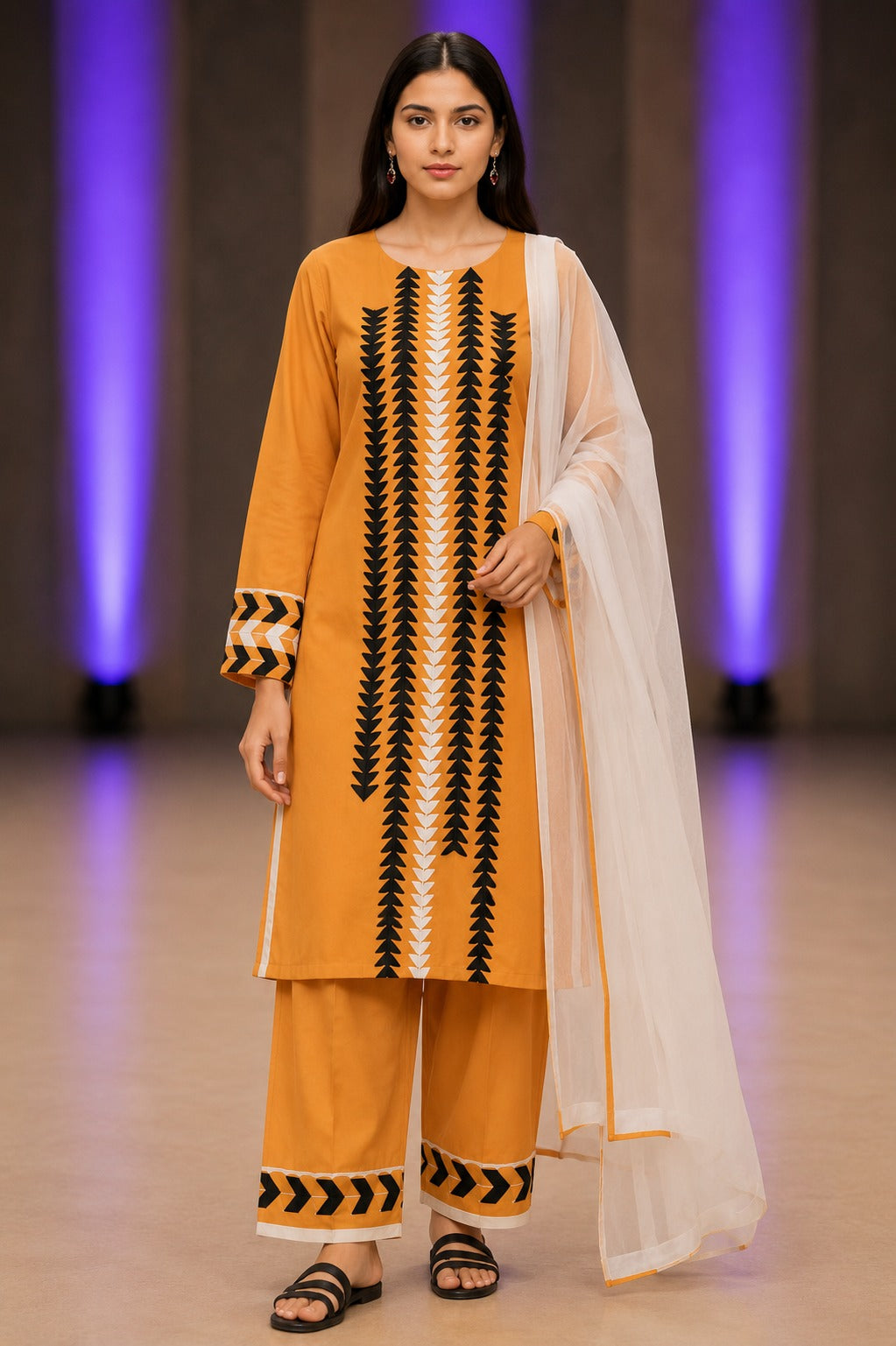 Unstitched 3 Piece Applique Lawn Suit