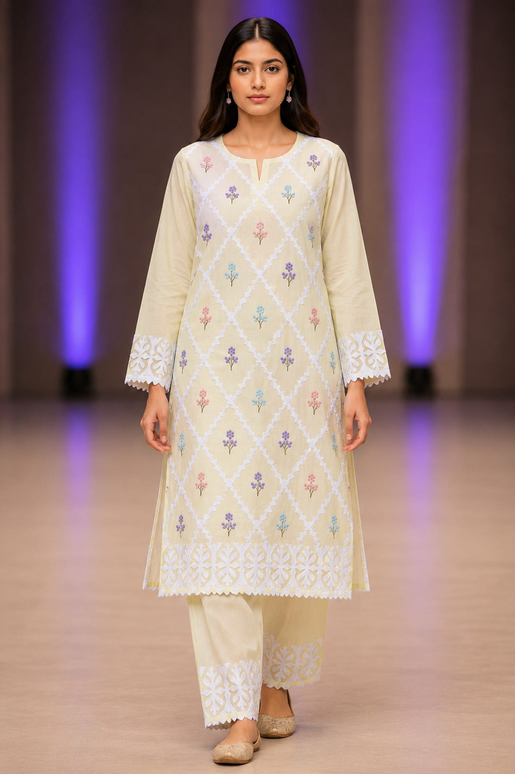Unstitched 2 Piece Applique Lawn Suit