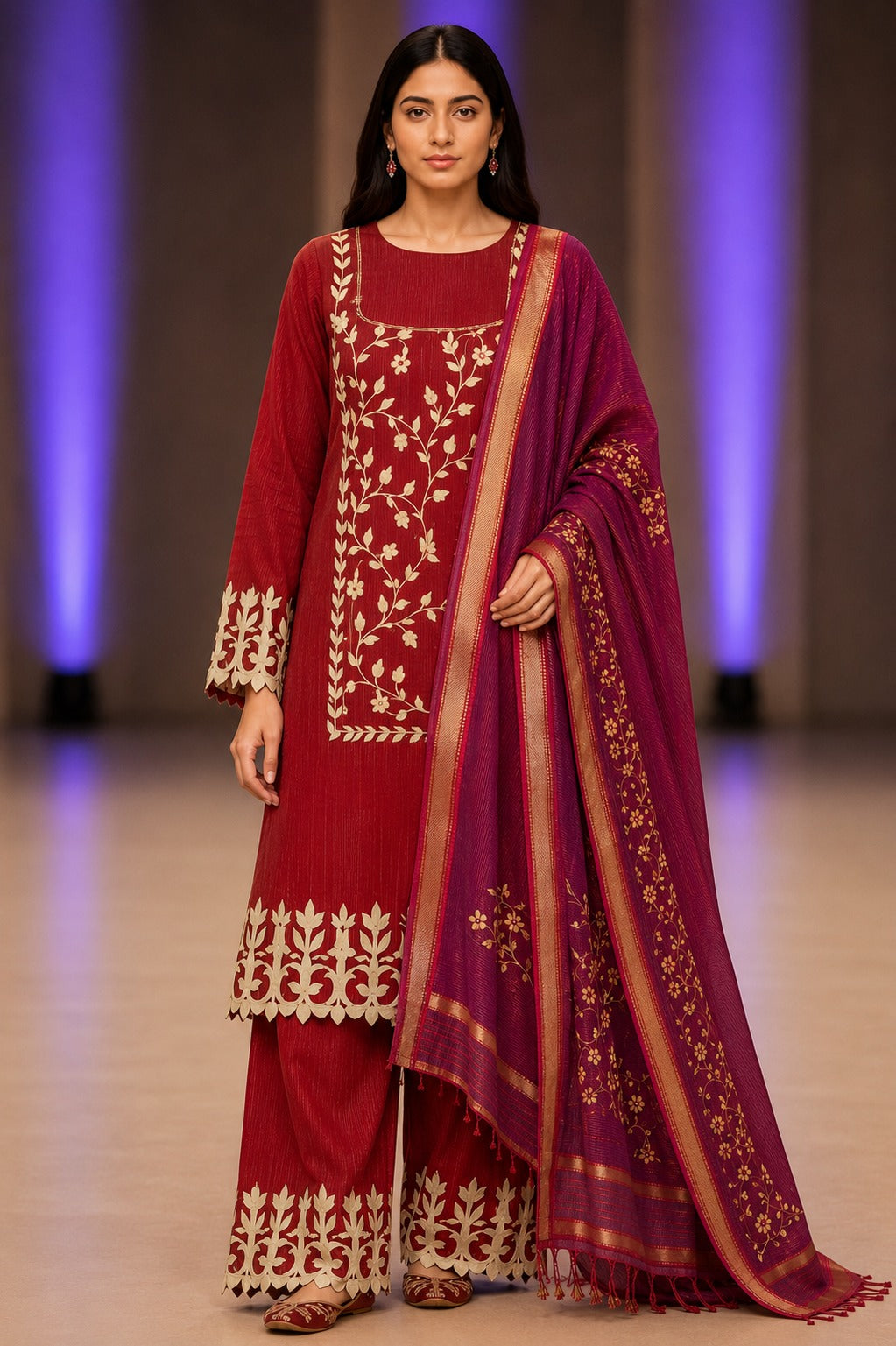 Unstitched 3 Piece Applique Lawn Suit