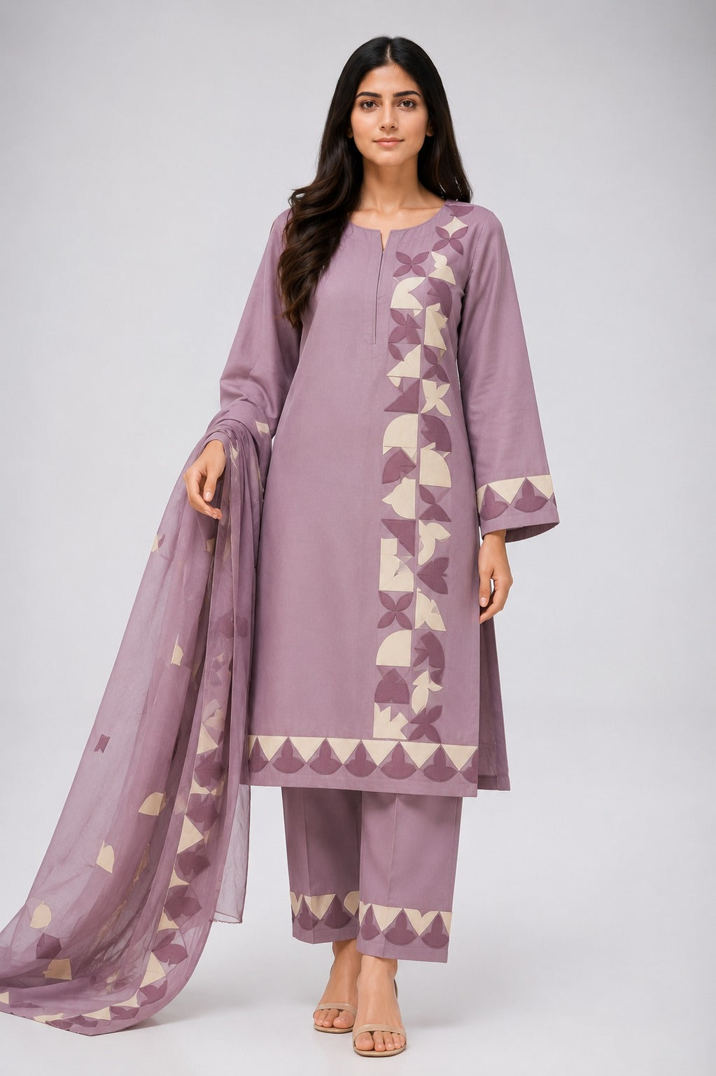 Unstitched 3 Piece Applique Lawn Suit
