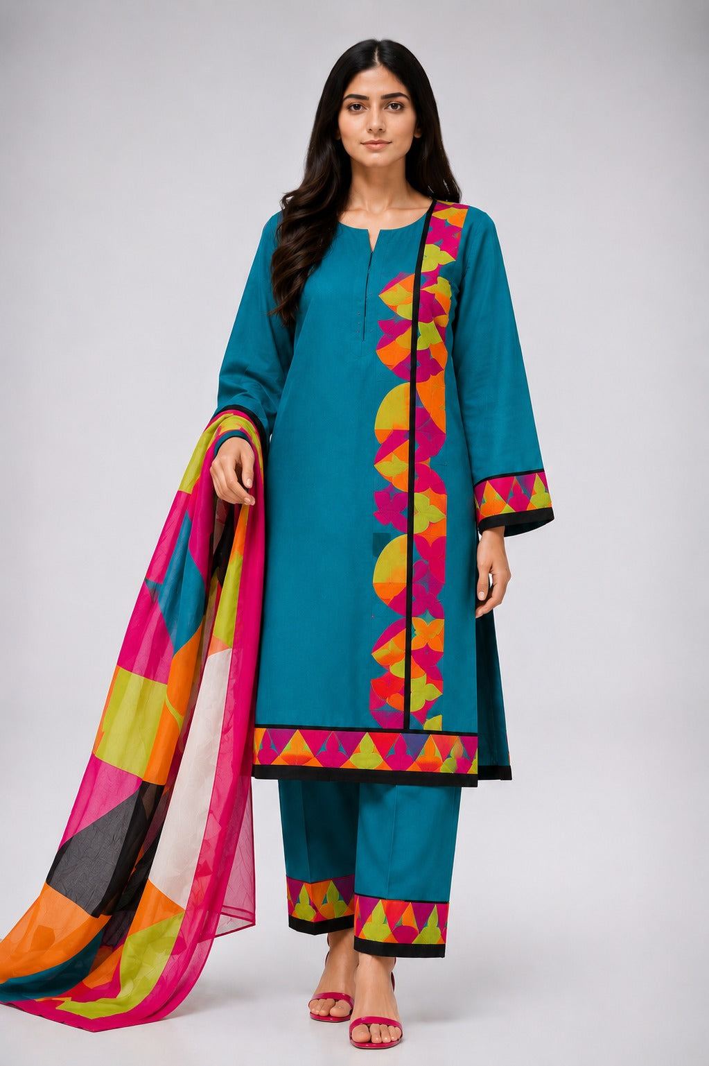 Unstitched 3 Piece Applique Lawn Suit