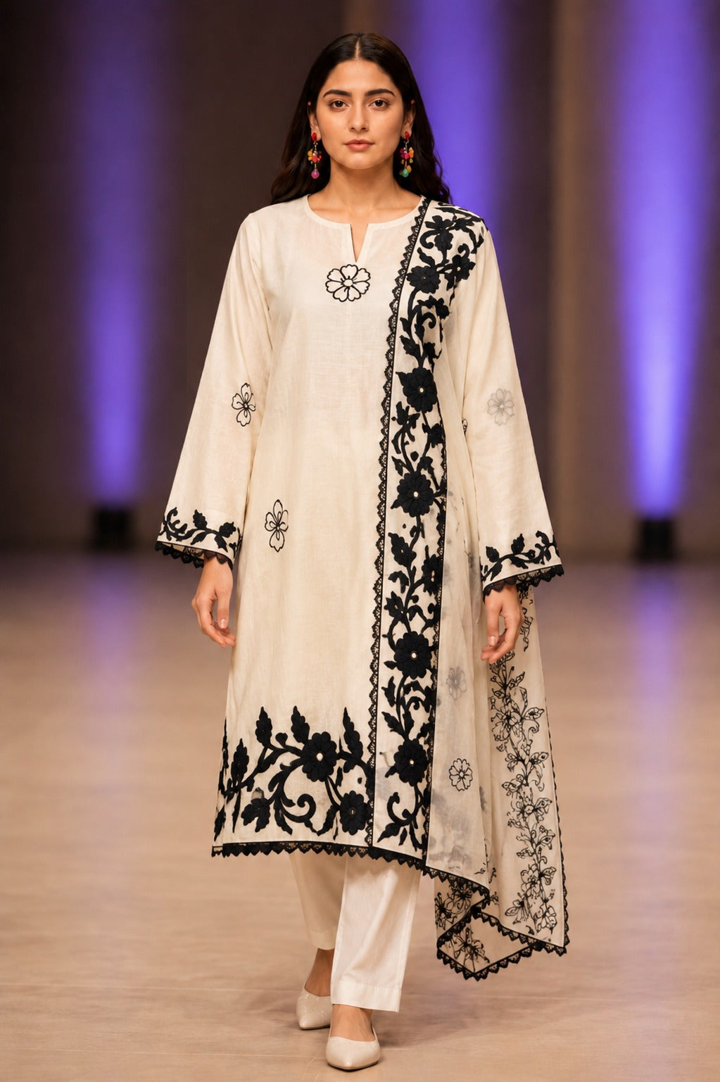 Unstitched 3 Piece Applique Lawn Suit