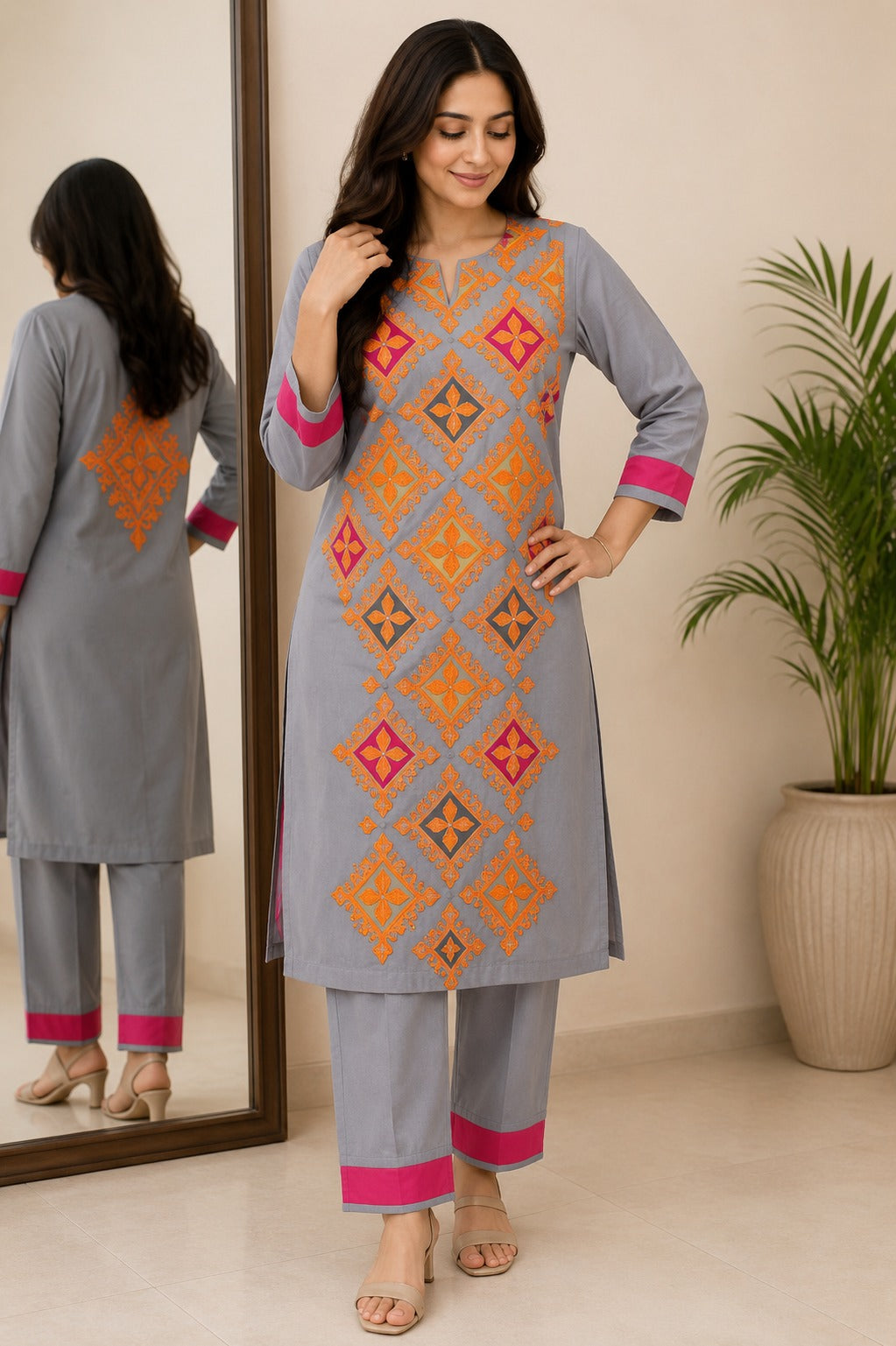 Unstitched 2 Piece Applique Lawn Suit