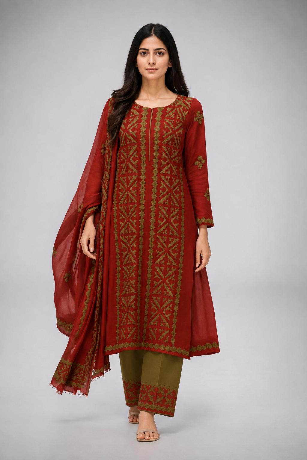 Unstitched 3 Piece Applique Lawn Suit