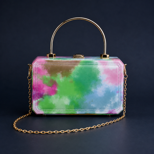 A structured rectangular handbag with a colorful tie-dye pattern in pink, green, blue, and purple, featuring a gold-tone arched top handle and a gold chain shoulder strap, set against a dark navy background.