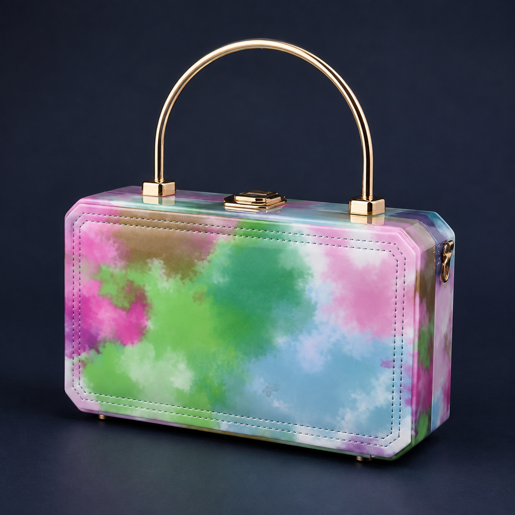 A rectangular handbag with rounded corners, featuring a colorful pastel tie-dye pattern in pink, green, blue, and purple. It has a gold-tone metal top handle, a central clasp, and side hardware, set against a dark navy background.