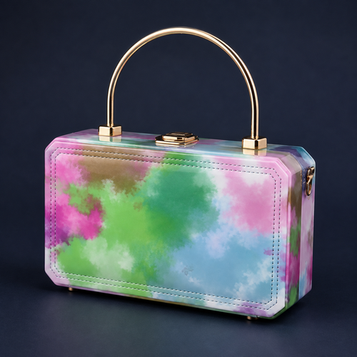 A rectangular handbag with rounded corners, featuring a colorful pastel tie-dye pattern in pink, green, blue, and purple. It has a gold-tone metal top handle, a central clasp, and side hardware, set against a dark navy background.