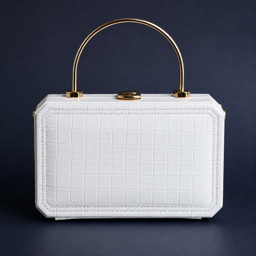 A structured white handbag with an embossed crocodile pattern, featuring a gold-tone arched top handle and a central clasp, set against a dark navy background.