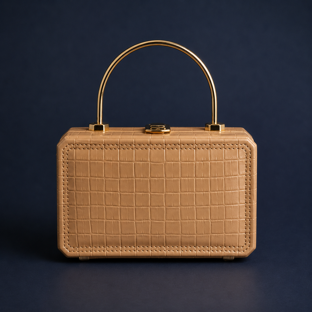 A structured tan leather handbag with an embossed crocodile pattern, a curved gold-tone metal top handle, and gold-tone hardware, set against a dark navy blue background.