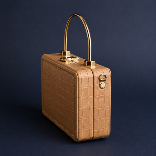 A structured tan crocodile-embossed leather handbag with a curved gold metal handle and gold-tone hardware, photographed on a dark navy background.