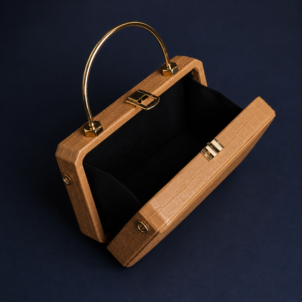 A structured handbag with a tan crocodile-embossed exterior, a gold-tone metal handle, and a black velvet interior, shown open on a dark navy background.