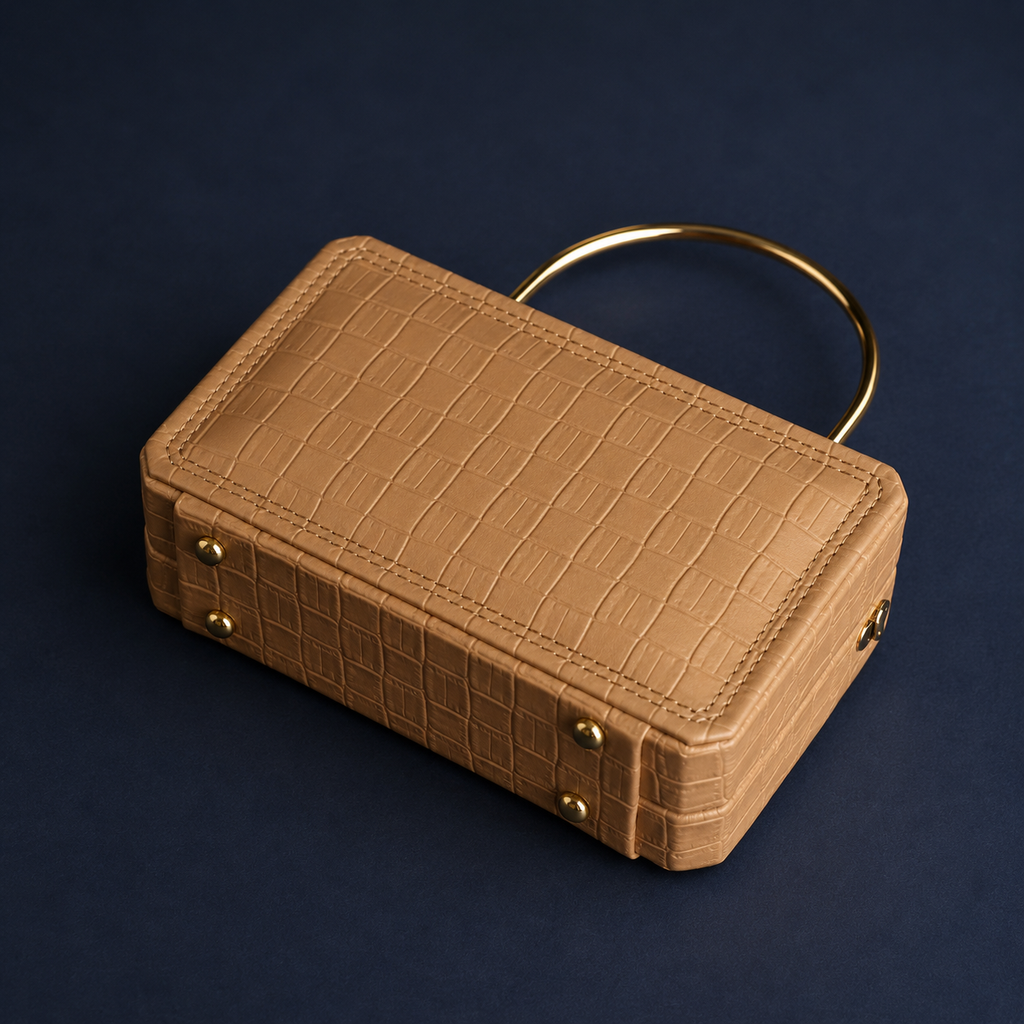 A structured tan crocodile-embossed leather handbag with a gold-tone metal ring handle and matching gold hardware, photographed on a dark navy background.