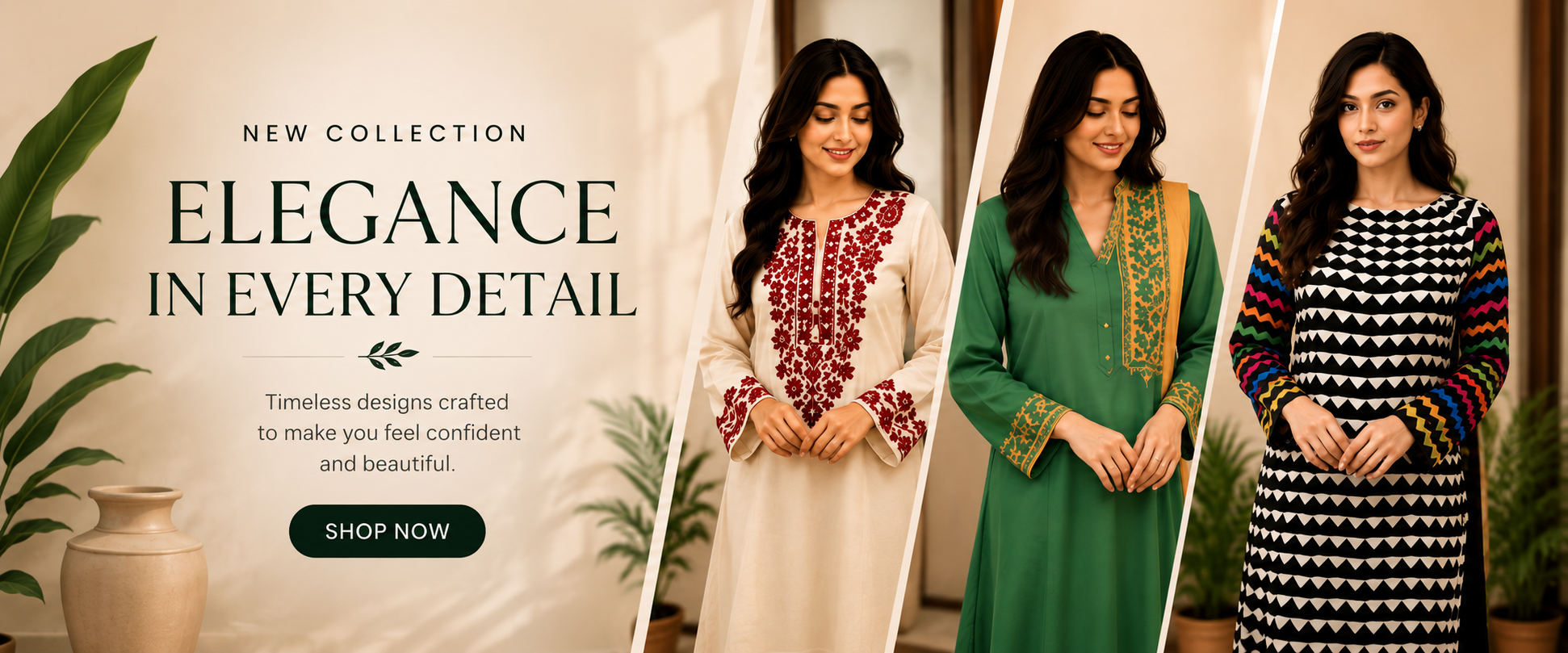 A promotional banner for a women's applic collection, featuring three models wearing different traditional outfits: a cream kurta with red embroidery, a solid green kurta with gold embroidery, and a black and white patterned kurta with multicolor sleeve accents. The left side contains promotional text reading 'ELEGANCE IN EVERY DETAIL' and a 'SHOP NOW' button.