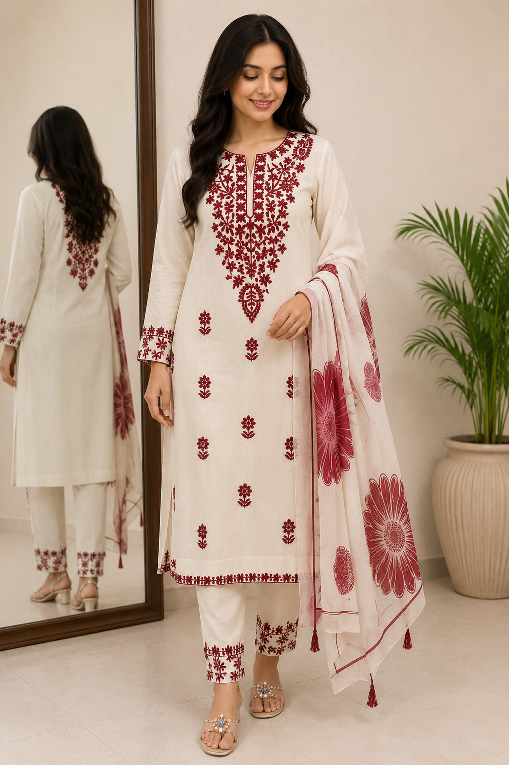 Unstitched 3 Piece Applique Lawn Suit